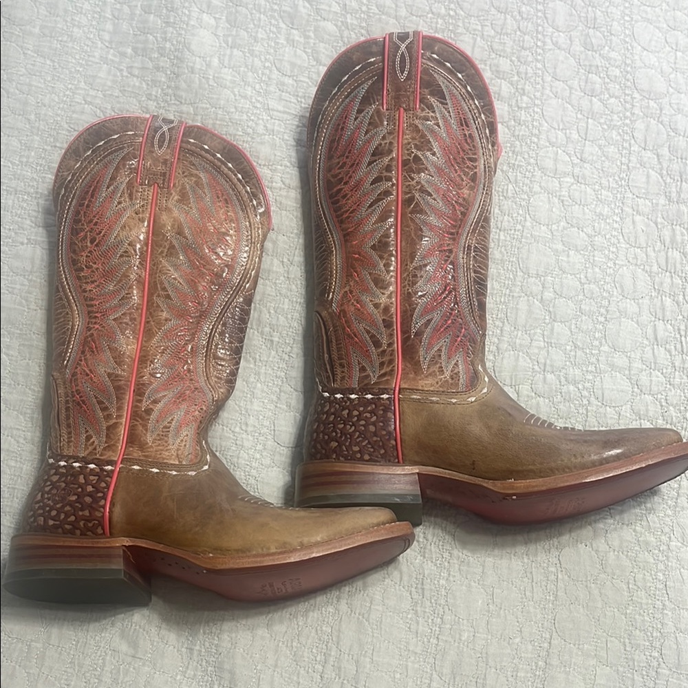 Ariat Brown Leather Western Heeled Boots with Red Accents